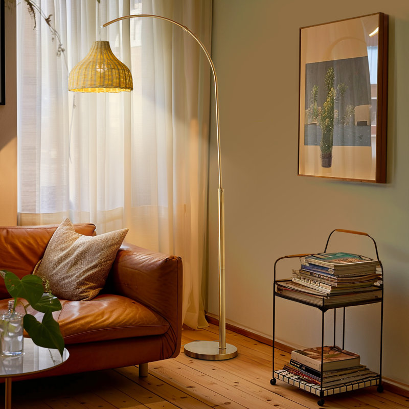 75" Brass Arc Floor Lamp with Rattan Shade