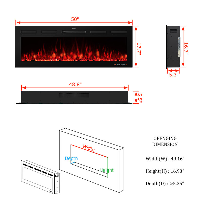 Abria Smart Electric Fireplace Inserts, 17.7" H x 50" W x 5.5" D