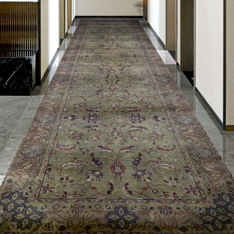 Tapis vert et brun noué à la main de haute qualité