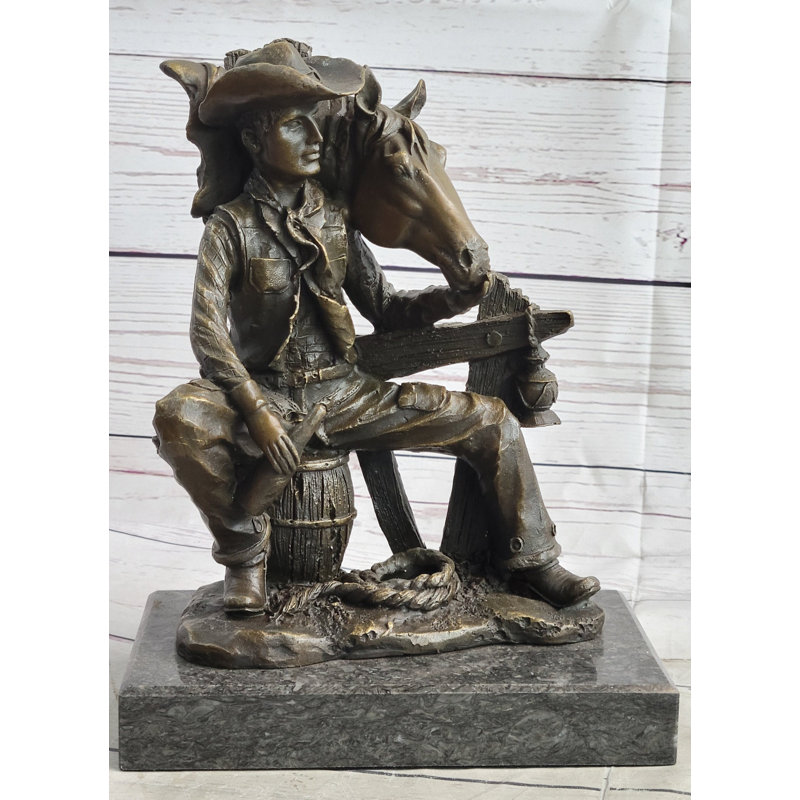 Cowboy & Horse Sitting Having a Drink Bronze Statue Sculpture Country Western