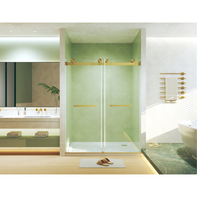Frameless Double Sliding  Shower Door 56-60 "W X 74" H, 5/16 "(8Mm) Tempered Glass, Explosion Proof Film, Stainless Steel Handle, Square Tube Track, Brushed Gold