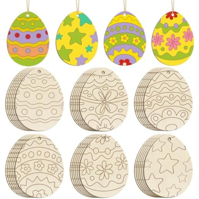 36 pièces d'ornements de Pâques en bois à peindre, 6 styles de bricolage vierges en bois brut sans finition