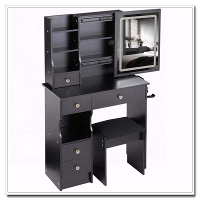 29.2" Small Space Vanity Table with LED Mirror, Power Station, Hair Dryer Bracket and Stool
