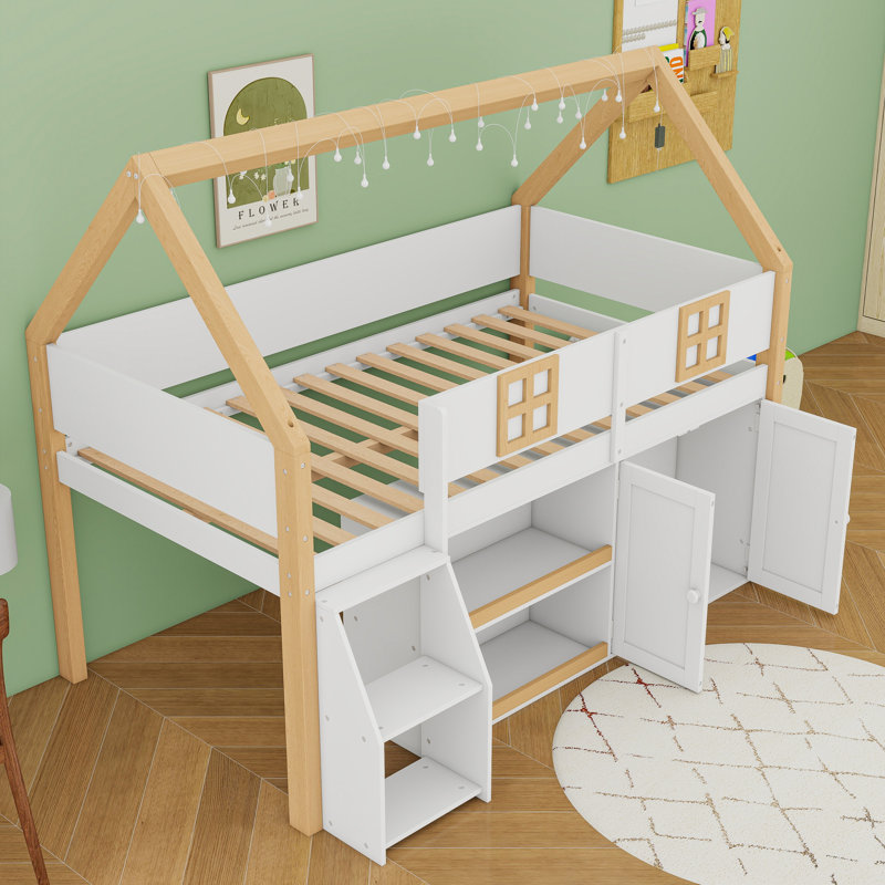 Wooden Low Loft Bed With LED Lights, Storage Shelf And Cabinets, Twin