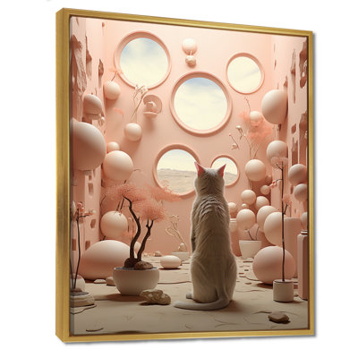 Chat blanc, intérieur futuriste rose, chat, art mural, salon