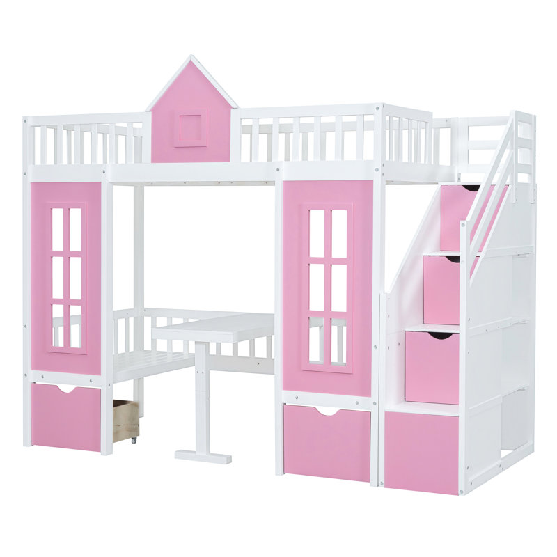 Lit superposé Twintwin avec bureau modulable - rose, solide et attrayant
