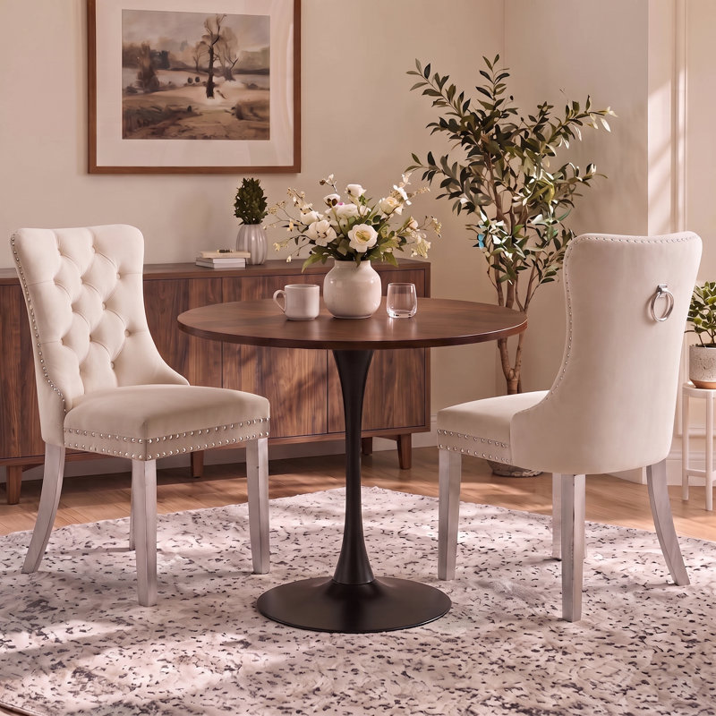 Ensemble de salle à manger rond 3 pièces avec 2 chaises rembourrées, Brown/Black, White/Silver