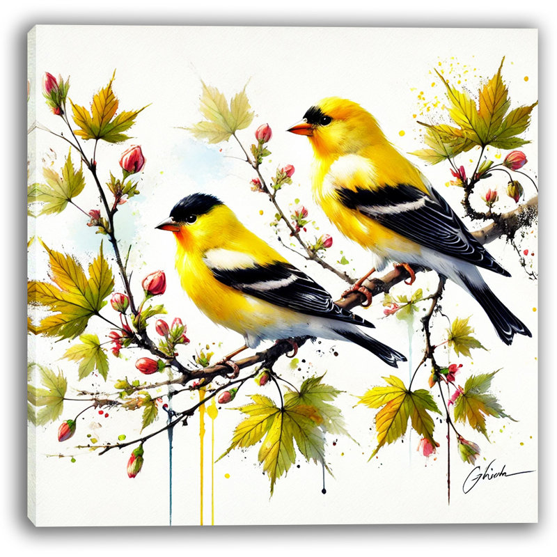 Springtime Duo - Goldfinches and Budding Branches Canvas Print Art, 12" H x 12" W x 1" D