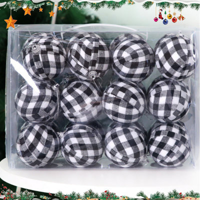 24Pcs Christmas Ball Ornaments, 6CM Black White Checked Pattern Shatterproof Xmas Tree Decorations, Classic Plastic Hanging Balls For Christmas Party Home Festival Decor