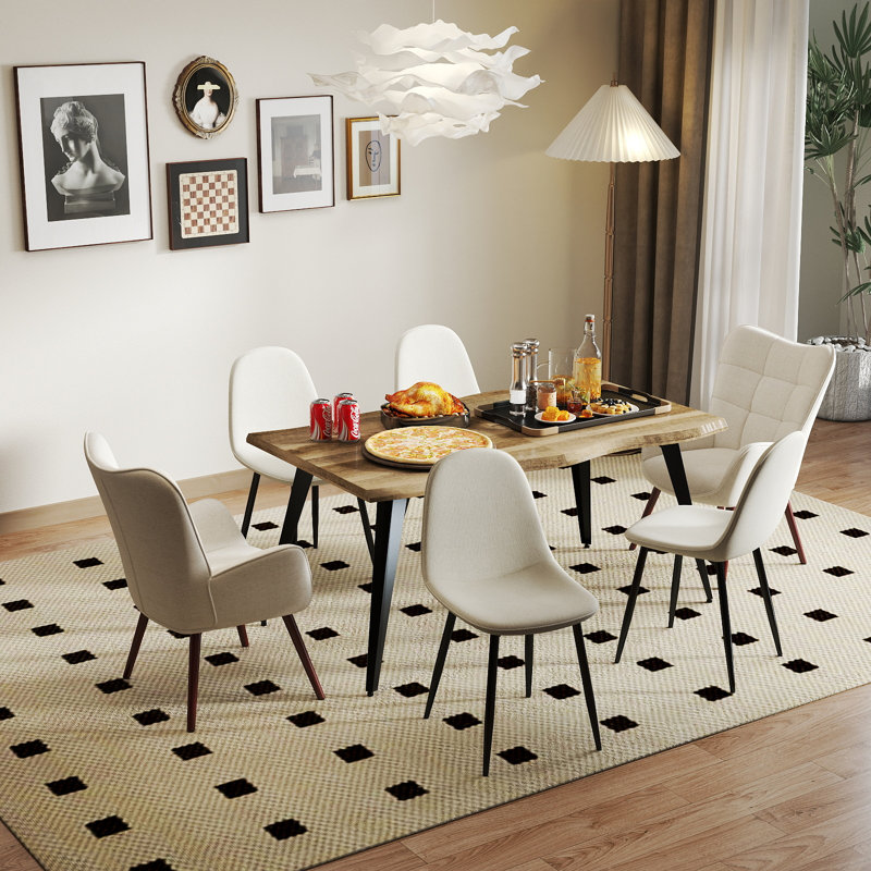 7-Piece Dining Table Set for 6, Wave-Edge Dining Table with 6 Upholstered Chairs Contemporary Dining Room Home Dining Furniture