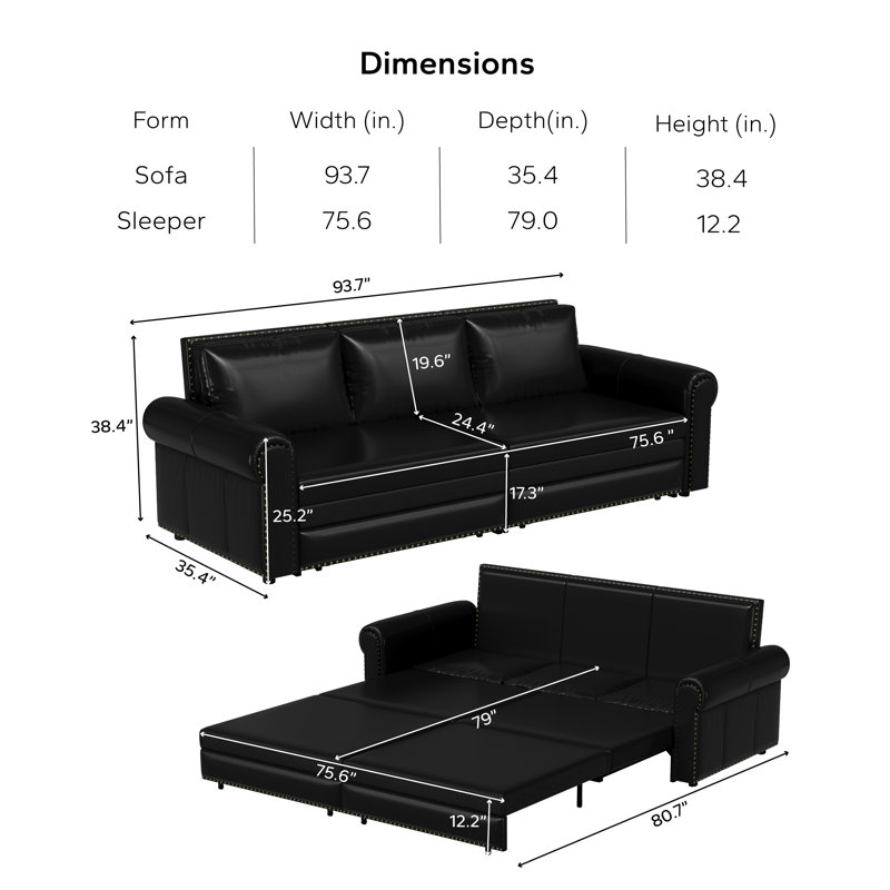 3-In-1 Faux Leather Convertible Sleeper Sofa, Black