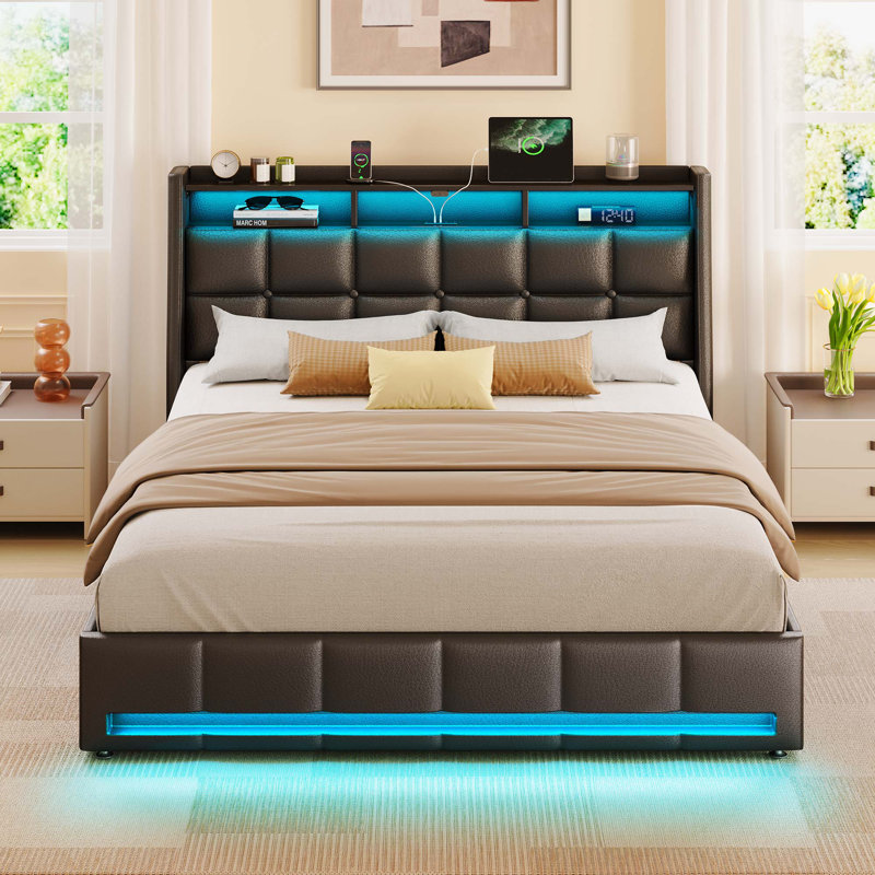 Upholstered Platform Bed Frame with Wingback Headboard, LED Lights & 4 Storage Drawers, Black, With Drawers, Queen