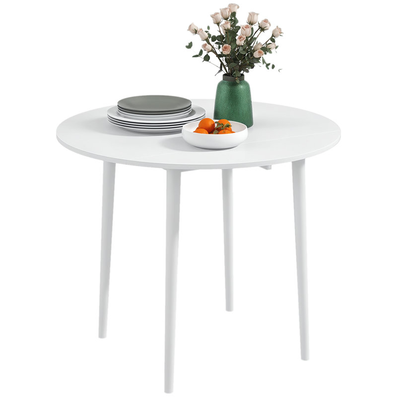 Table de salle à manger pliable, table ronde à abattants avec pieds en bois, blanc