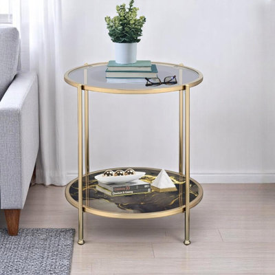 Stylish Rivelle Glass End Table with Gold Finish – Black Marble Print & Champagne Accents Side Table for Living Room
