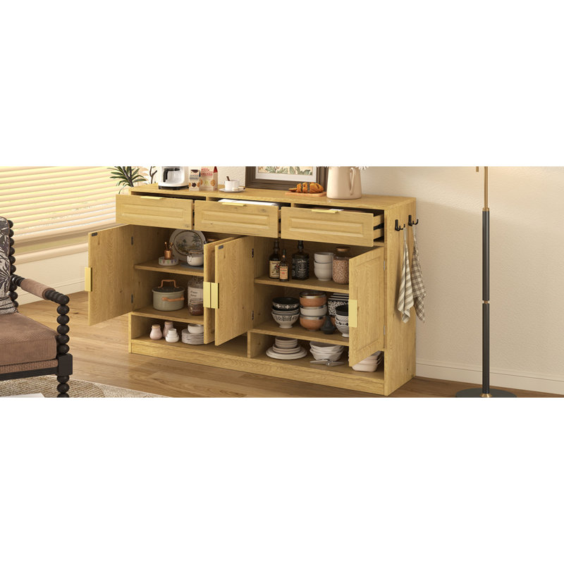 59.1" Farmhouse Sideboard with 3 Drawers & 4 Doors, U-Style Storage Buffet with Adjustable Shelf and Open Compartments, Multi-Functional Cabinet for Dining Room and Living Room