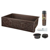 30" Hammered Copper Kitchen Apron Single Basin Sink with Scroll Design with Matching Drain and Accessories