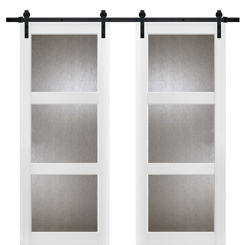 Portes de grange intérieures en verre givré Lucia avec ensemble de quincaillerie d'installation, 64 po x 96 po, Noir