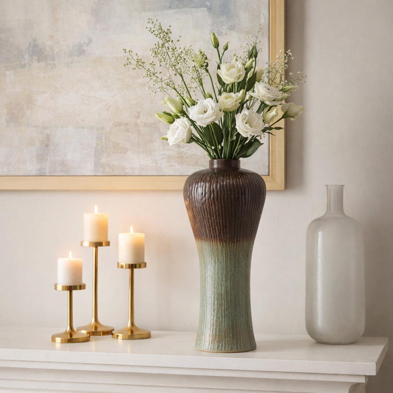 Krystaline Modern Sculptural Stoneware Vase with Ribbed Texture and Elegant Silhouette, Glamorous Decorative Accent for Contemporary Interiors, Sleek Artisan-style Tall Design for Stylish Home Decor Appeal
