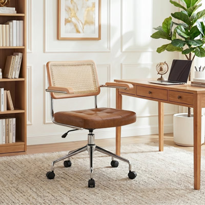 Ayris Mid-Century Modern Faux Leather Adjustable Swivel Office Chair with Hand Woven Rattan Back and Chrome Casters Base