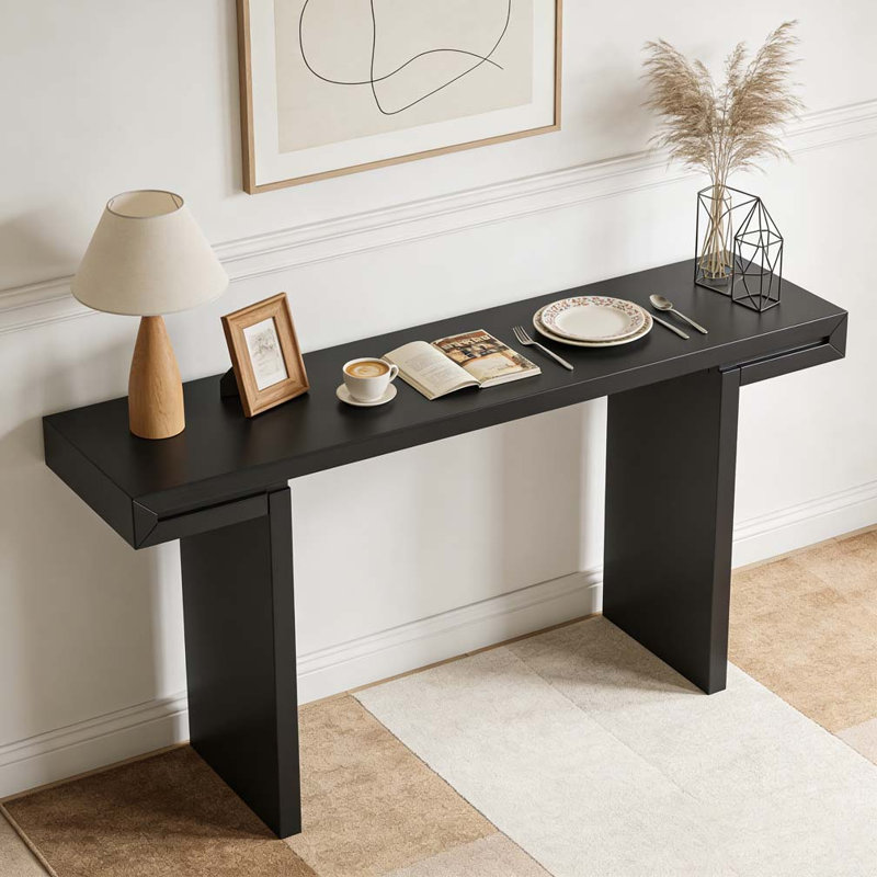 60-Inch Console Table with Geometric Clean Lines Design, Black