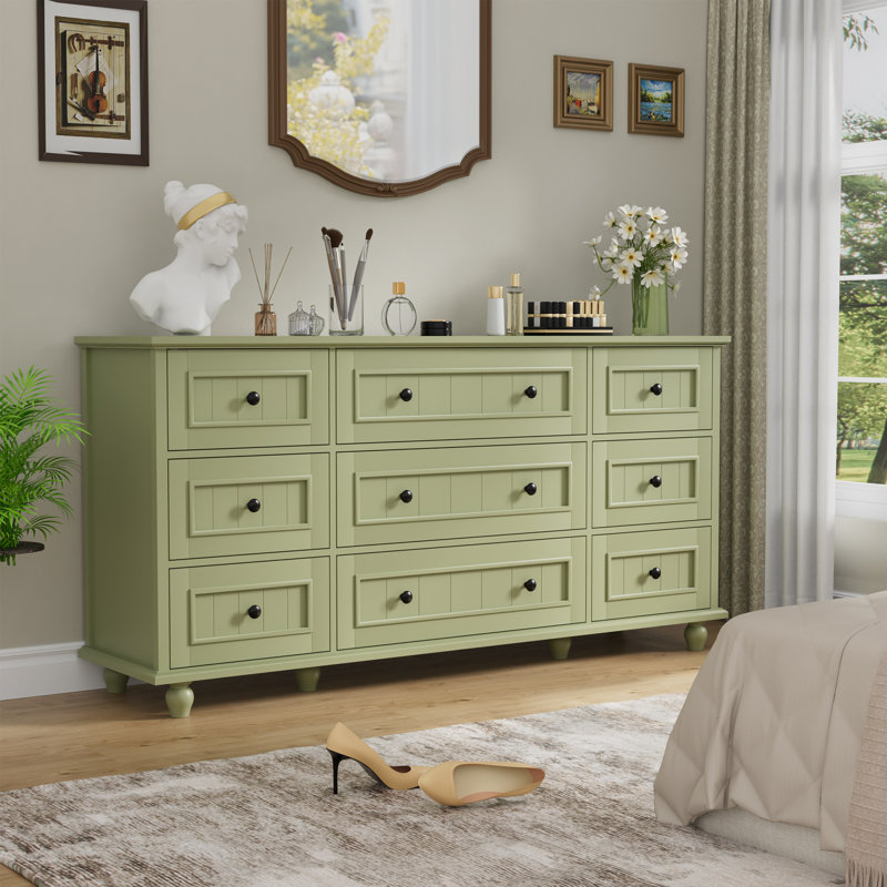 9 Drawer 63" W Retro Dresser, Green