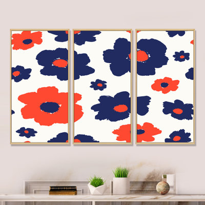 «Orange and Blue Retro Flowers», reproduction sur toile flottante 3 pièces