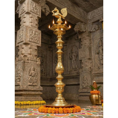 48" Large Carved Brass Peacock Annam Lamp - Handmade Traditional South Indian Temple Oil Lamp for Grand Entrance Lobby Spiritual Decor