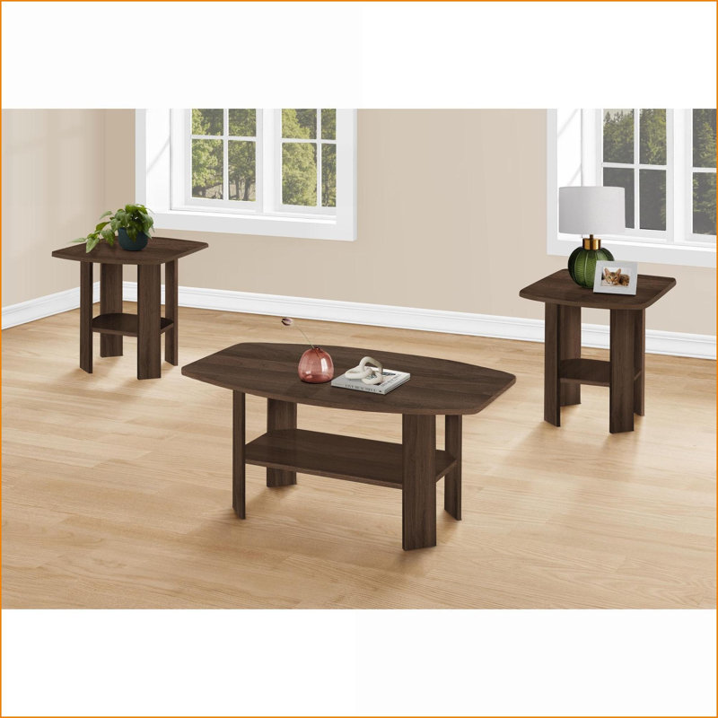 Ensemble de 3 tables basses en noyer stratifié pour le salon, style transitionnel avec sécurité arrondie et amp; Tablettes de rangement