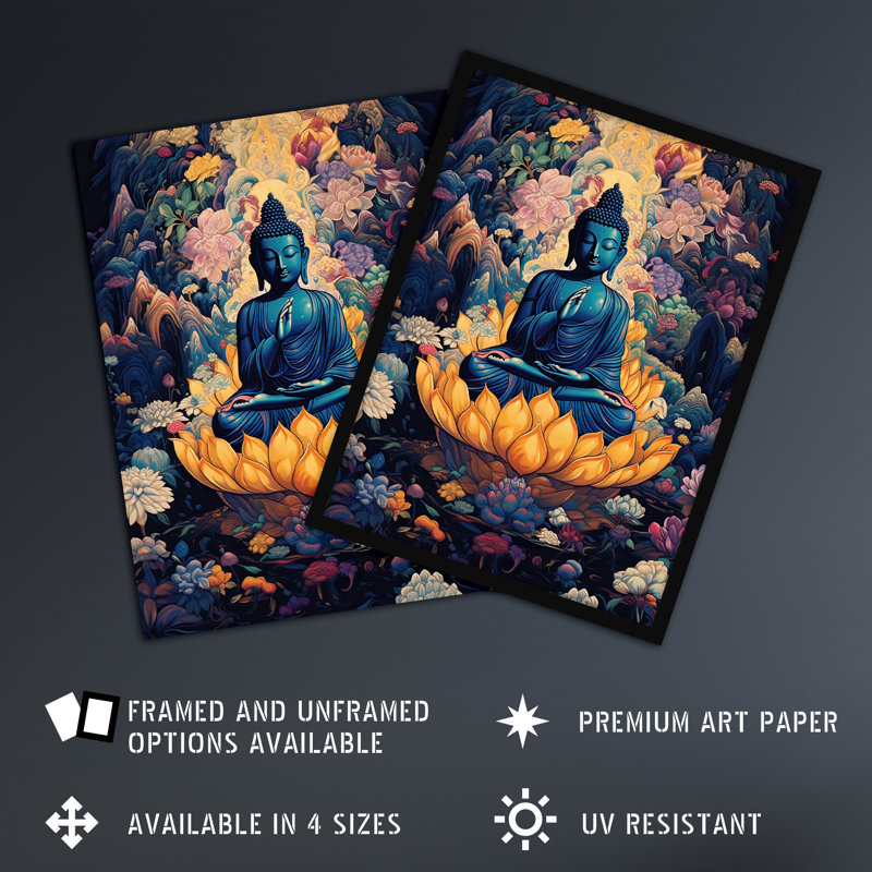 Wall Art Print Buddha in Lotus Flower Nirvana Concept Art Blue Floral Psychedelic Painting Poster