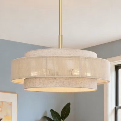 5-Light Drum Chandelier | EDISHINE 24'' Pendant Light Fixture With Linen And Rope Shades, Polished Metal Finish, Flush Mount, Suitable For Dining Rooms, Living Rooms, Bedrooms, Stairwell