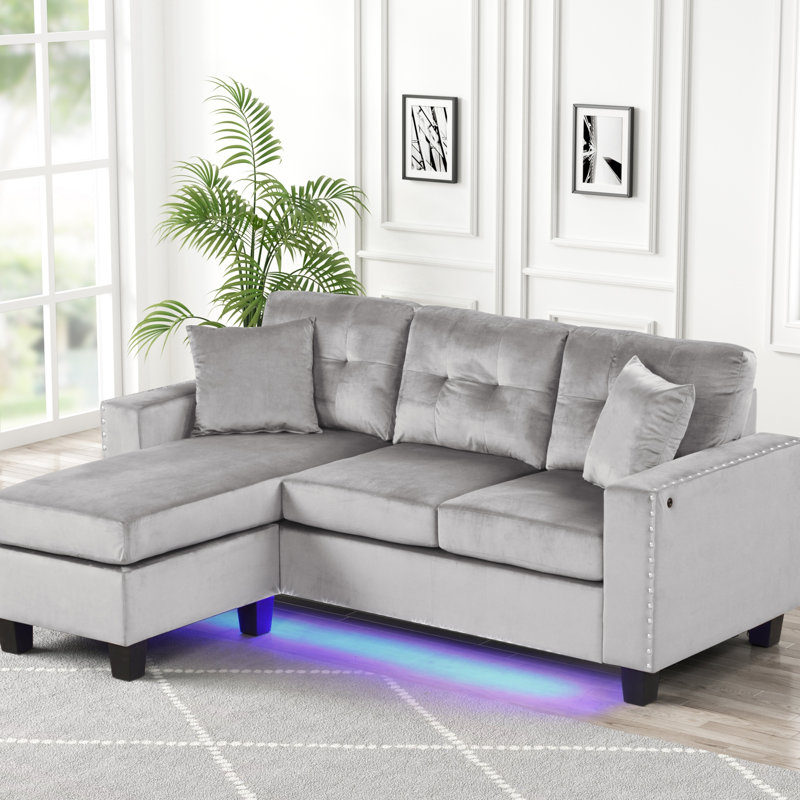 74"W Gray Velvet Reversible Sectional Sofa Chaise With LED Light, USB Port, Nailhead Trim, Throw Pillows, Tufted Cushion
