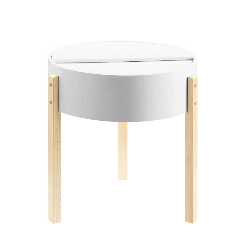 Table de bout ronde blanche et naturelle avec compartiment de rangement caché et structure en bois