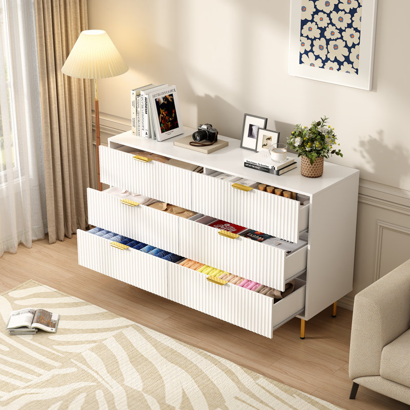 White 56" Wide 6 Drawers Dresser For Bedroom, Modern Wood Chest Of Drawers, White