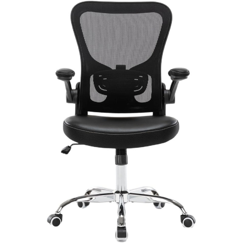 Black Mesh Ergonomic Office Chair - Mid Back Computer Desk Chair With PU Leather Flip-Up Armrests, Lumbar Support, Adjustable Height & Rolling Swivel (Home Task Use)