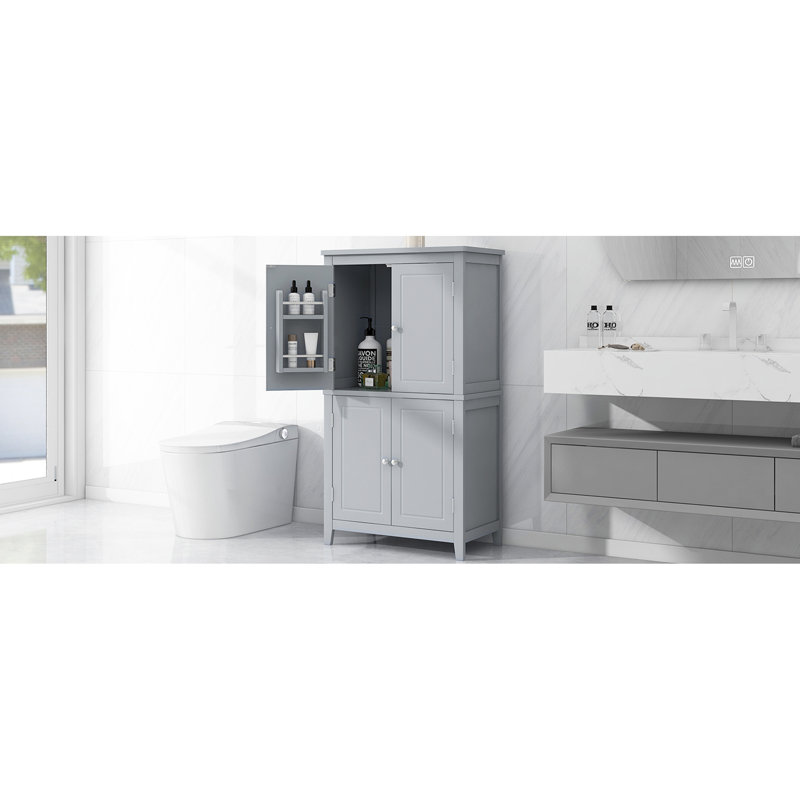 L'armoire de plancher de salle de bain grise avec 4 portes, des tablettes réglables, des charnières en métal et un grand espace de rangement élégant permettent d'utiliser efficacement l'espace