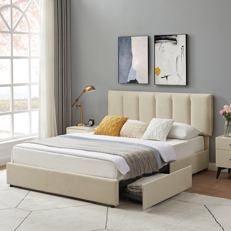 Orwhin Bed Frame 4 Drawers Storage, Upholstered Bed Frame with Velvet Adjustable Headboard Queen Full King Size Platform Bed Wood Support