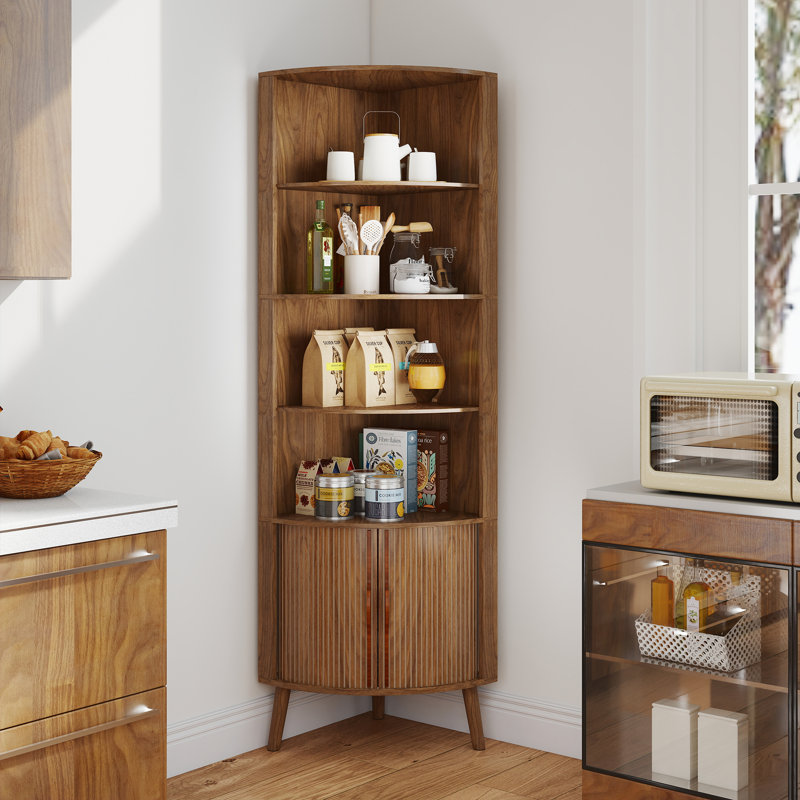 66.73'' Tall Corner Cabinet With 2 Fluted Doors And Shelves, Walnut