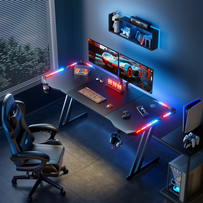 Gaming Desk with LED Lights, Computer Gaming Table, Sturdy PC Desk for Home Office, Gamer Table with Headphone Hook and Cup Holder, Black