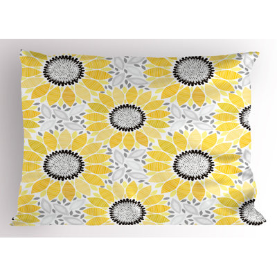 Pillowcase, Sun Flower Nature Art, Yellow Gray