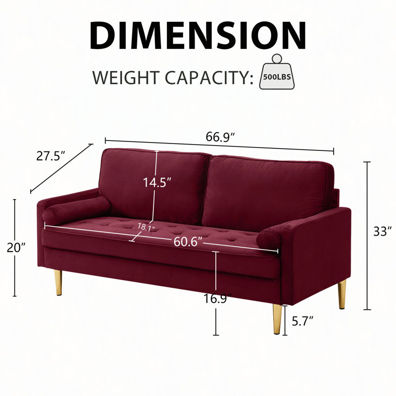 65" Velvet Sofa With Metal Legs, Complete With Cushions, Suitable For The Living Room Or Bedroom., Red