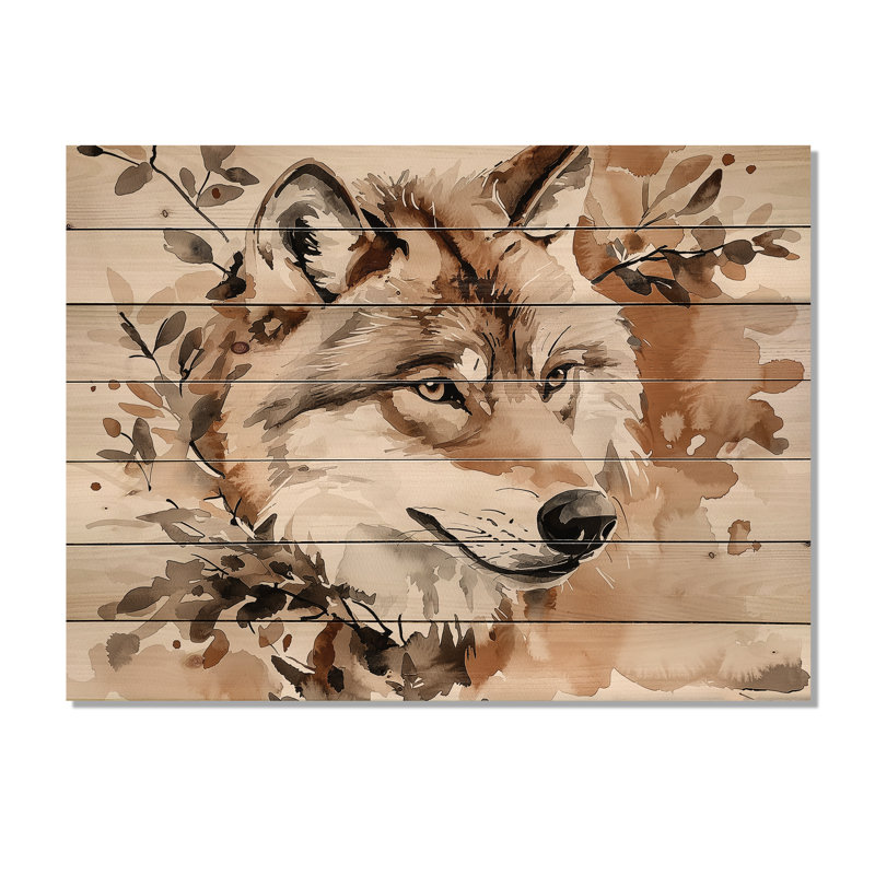 Aquarelle de loup fantaisiste en automne - Art mural moderne sur bois de pin naturel, H 34 po x l 44 po