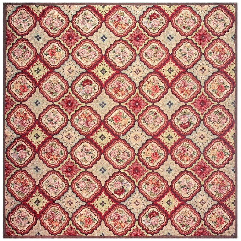 1880s Multicolor Floral Classical Antique European Needelpoint Wool Square Rug 11'0" x 12'0" Area Rug