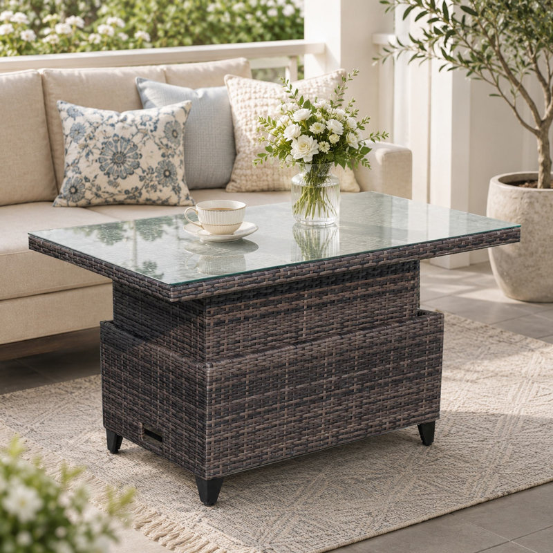 Rectangular Wicker Adjustable Outdoor Dining Table, Brown, Brown