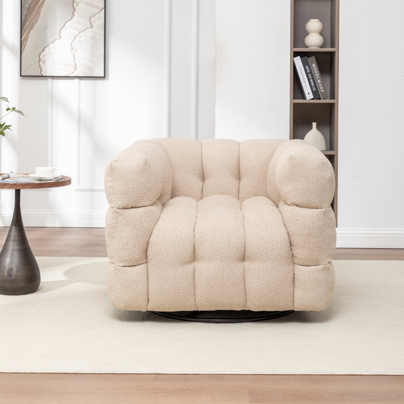 Ashyiah 38" Wide Tufted Swivel Chair with Square Arm, Warm Beige Boucle