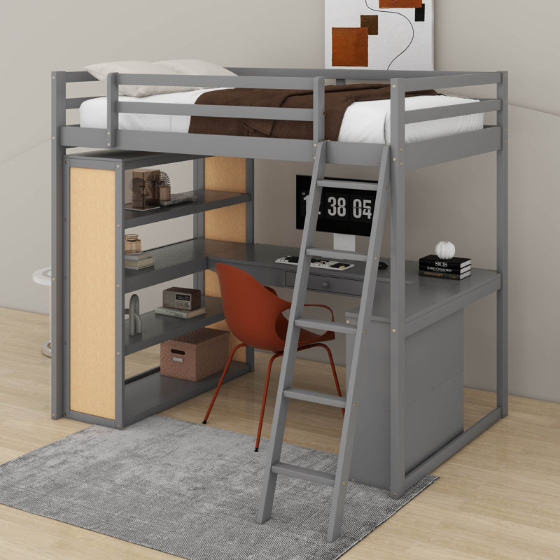 Lit mezzanine double avec tablettes et bureau
