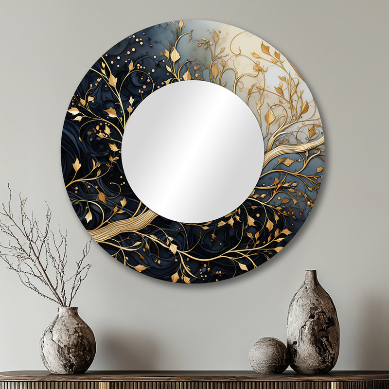 Golden Branch Tree Luminous Leave - Grey light Blue Floral  Wall Mirror, Modern Mirror, Printed Metal Art, 29" x 29", Round