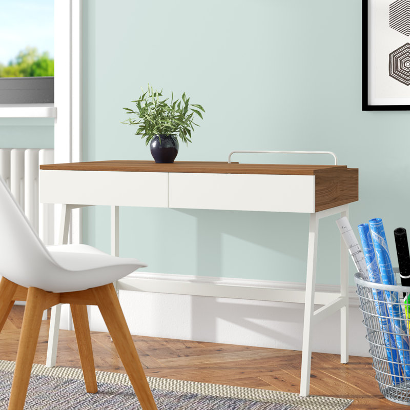Peary Metal Base Writing Desk, Dark Walnut/White