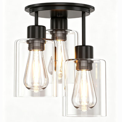 3-Light Semi Flush Mount Light  Matte Black Fixtures with Transparent Glass Shade for Dining Room Hallway Living Room