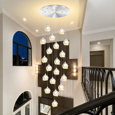 Lustre à 20 lumières en cristal argenté, grand lustre de hall d'entrée pour plafond haut, salon, salle à manger, diamètre 71 cm x hauteur 330 cm