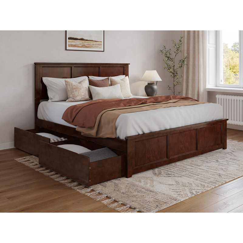 Walnut King Wood Platform Bed with Storage Drawers and Headboard